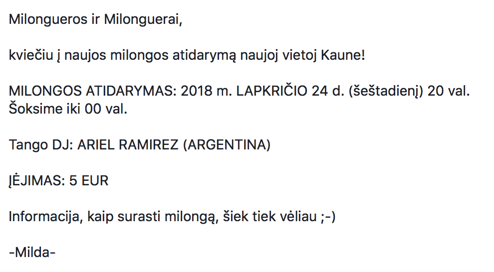 Nauja milonga Bomboncito Kaune 2018
